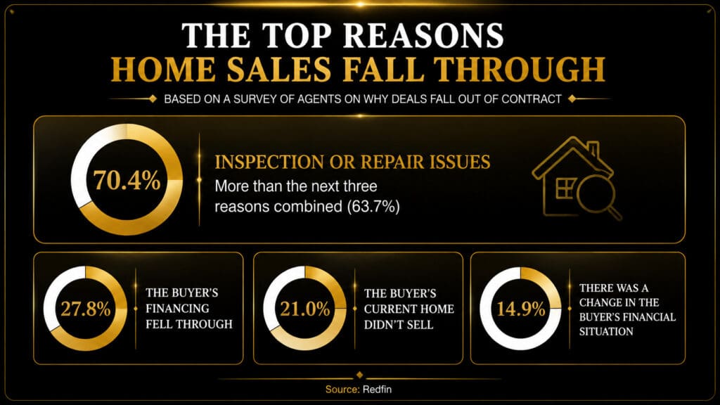 Infographic showing the top reasons home sales fall through, including 70.4% inspection or repair issues, 27.8% buyer financing fell through, 21.0% buyer's home didn't sell, and 14.9% change in buyer's financial situation, based on national Redfin survey data — Elena Esquen Relocation Specialist