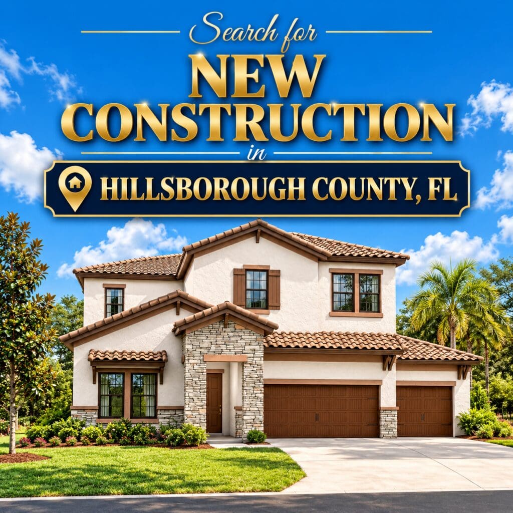 Search for new construction homes in Hillsborough County, FL. A two-story Mediterranean-style new build with a stucco and stone exterior, terracotta tile roof, three-car garage, and palm trees by elena esquen relocation expert