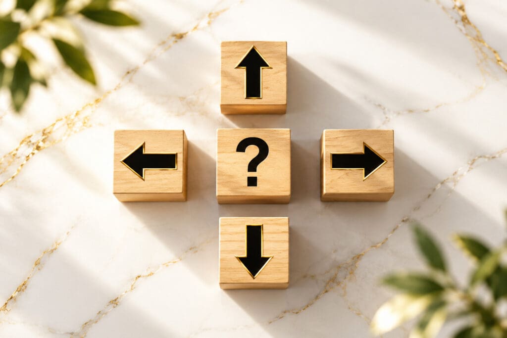 Wooden blocks with arrows pointing in four directions around a question mark on a white and gold marble surface, representing the choice between building a new home and buying one that's move-in ready.