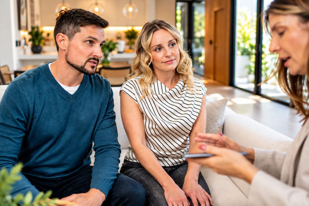 A couple sitting on a sofa in a bright, modern living room, listening to a real estate agent explain the home buying process during a consultation by elena esquen relocation expert