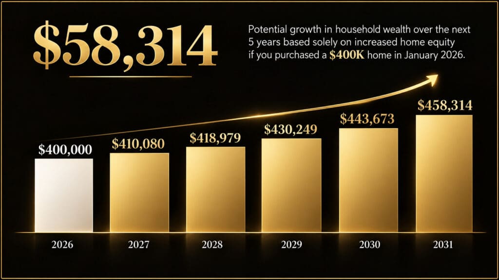 Gold bar chart showing $58,314 in potential household wealth growth over five years from home equity alone, for a $400,000 home bought in January 2026 and projected to reach $458,314 by 2031