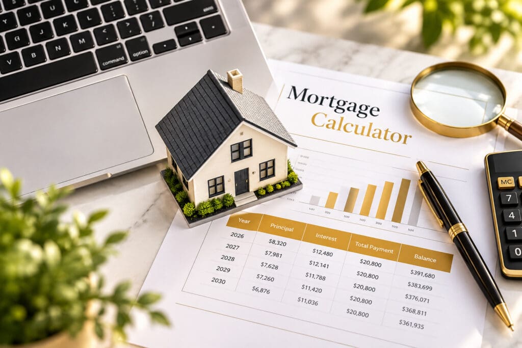 A model home beside a mortgage calculator worksheet with a payment schedule and bar chart, next to a laptop, gold magnifying glass, pen, and calculator, representing mortgage planning before pre-approval.