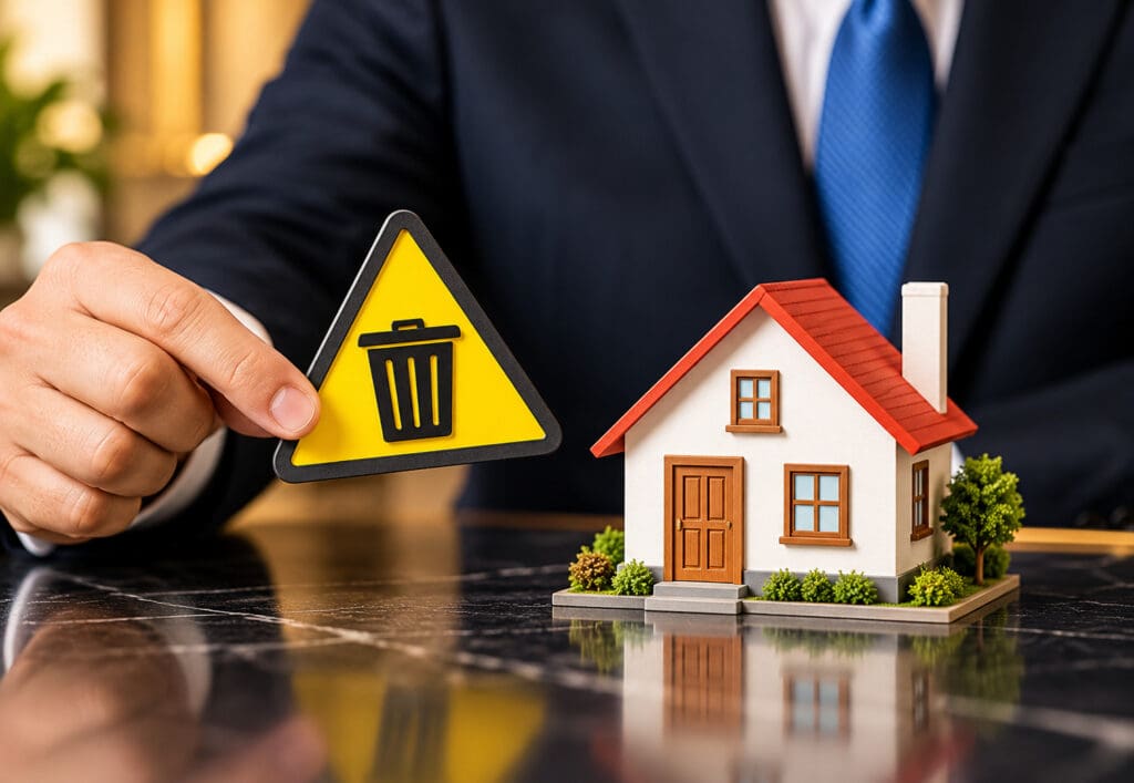 A professional holds a yellow warning sign with a trash can icon next to a model home, representing costly new construction mistakes and upgrades that waste money by elena esquen relocation expert