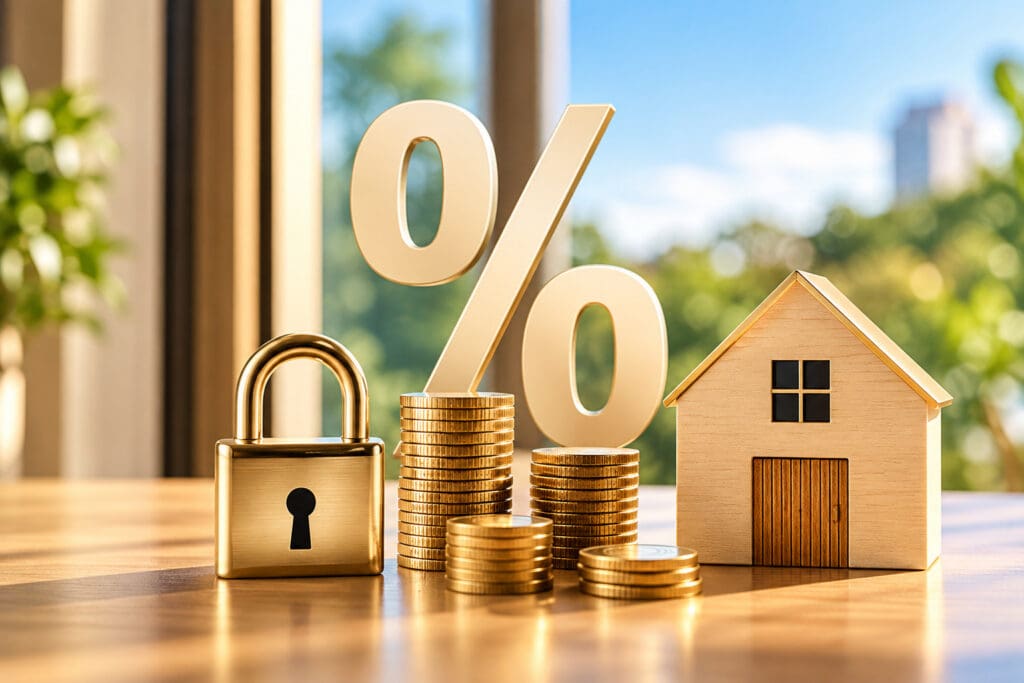 A gold padlock, a large gold percent sign, stacks of gold coins, and a wooden model house on a sunlit table, representing mortgage pre-approval and locking in an interest rate by elena esquen relocation expert