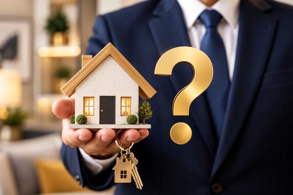 A professional in a navy suit holds a model home and house keys beside a gold question mark, representing the questions buyers should ask before choosing a home.