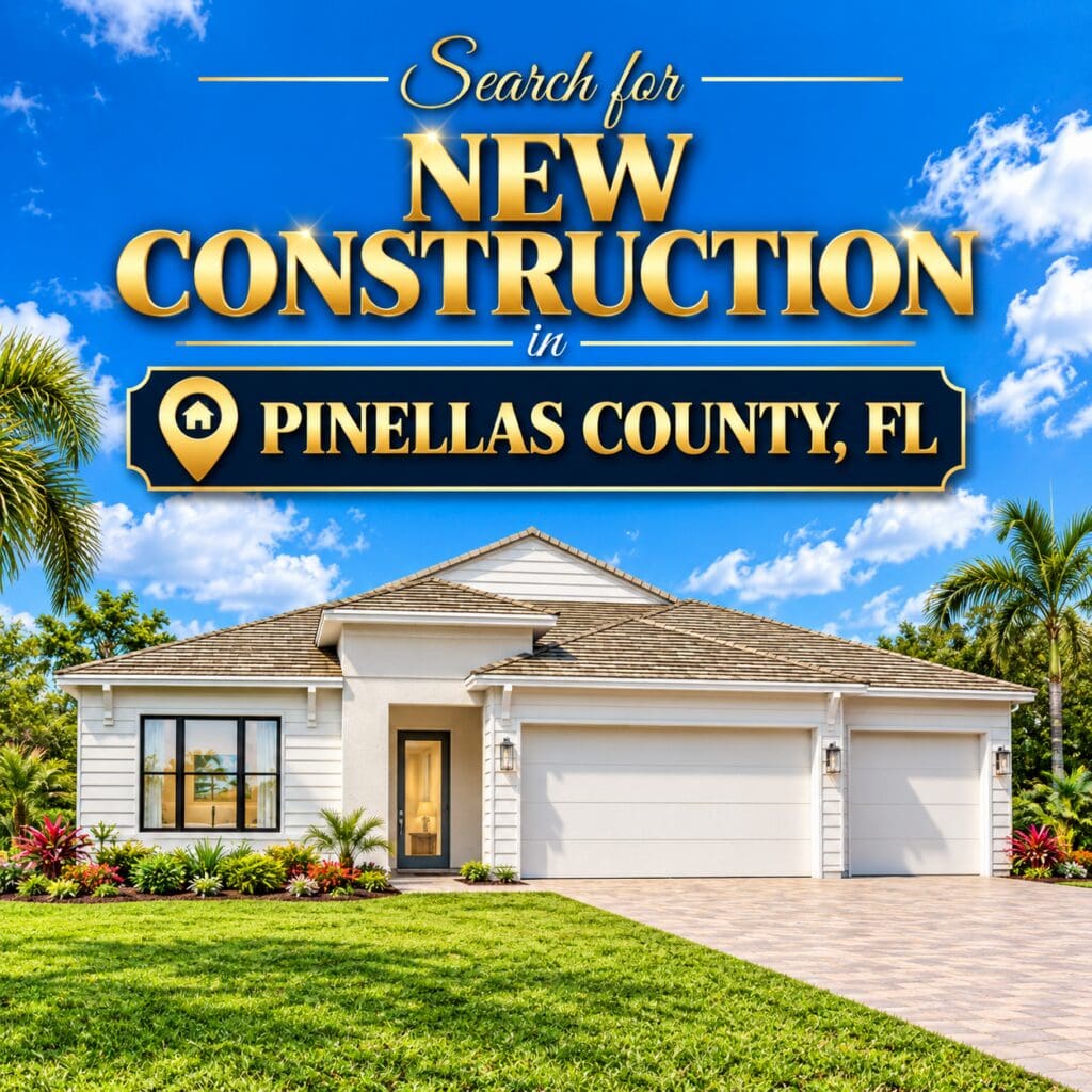 Search for new construction homes in Pinellas County, FL. A single-story coastal-style new build with white siding, a tile roof, a three-car garage, a paver driveway, and tropical landscaping under a blue sky by elena esquen relocation specialist