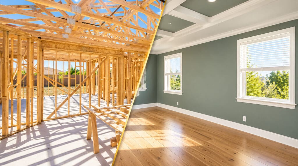 Split image of a home under construction, with exposed wood framing and roof trusses on one side and a finished room with sage green walls, coffered ceiling, and hardwood floors on the other, showing a home from build to completion by elen a esquen relocation expert